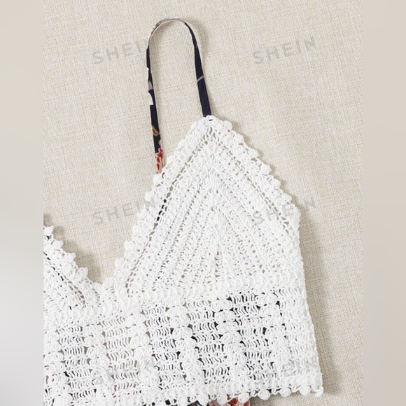 White & Blue Floral Set Tie Back Crochet Cami Top & Paperbag Waist Shorts Set SM - Picture 4 of 6